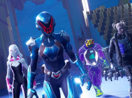 Play the new season in Fortnite Chapter 4 soon and explore new areas with your favorite heroes. In this screenshot from Chapter 3 Season 4: Paradise, we see various main characters running towards the camera in a slightly slanted perspective in half-total. They are in a stadium-like hall that seems blue. On the right side in the background, a grandstand is shown in a cutaway. The characters are walking in a wedge formation.