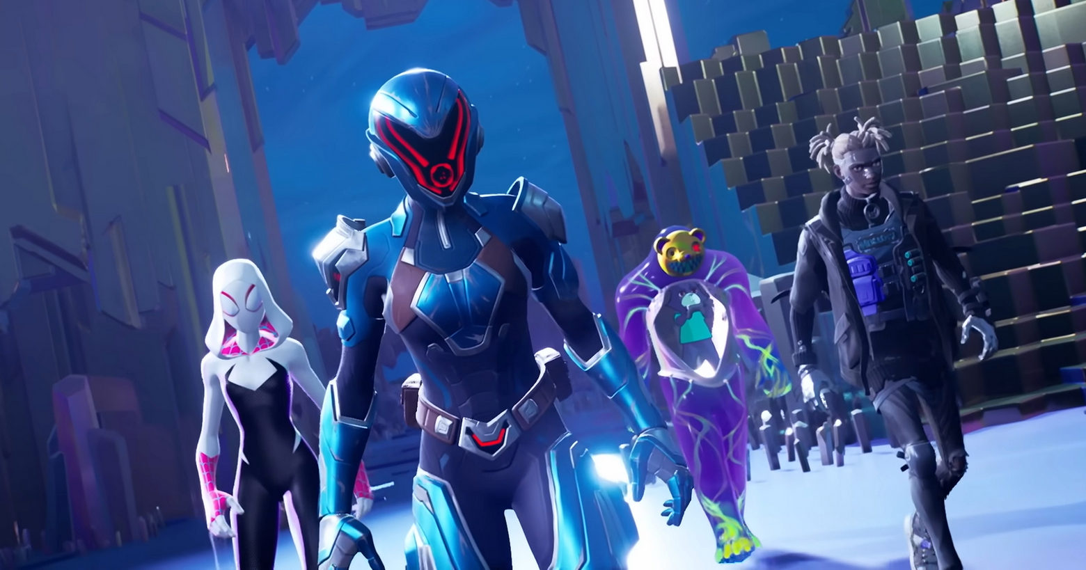 Play the new season in Fortnite Chapter 4 soon and explore new areas with your favorite heroes. In this screenshot from Chapter 3 Season 4: Paradise, we see various main characters running towards the camera in a slightly slanted perspective in half-total. They are in a stadium-like hall that seems blue. On the right side in the background, a grandstand is shown in a cutaway. The characters are walking in a wedge formation.