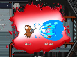 This screenshot shows a moment from the 2D Goose Goose Game in a top-down view, where a goose kills a supposed duck with a blue beam. The scene takes place in a spaceship corridor. There are numerous metallic objects and cables in the picture. However, the room is also very much obscured by a large red blood stain in the center of the image. In front of this stain, a brown-feathered goose stands in profile on the left in the long shot. She is holding a ray gun in her left hand and has just fired a large blue ray at the pink goose standing on the left. Below the left goose is the word "Quack" in white and large letters, and below the right goose is the word "Not Duck" in the same spelling. At the top left is a list titled "Ship Duties" in white capital letters, below which are certain tasks in the same spelling. To understand the game, it is recommended to look at a GGD guide with helpful tips.