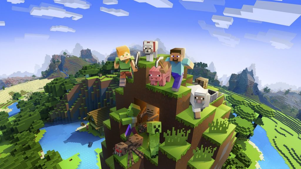 Run through the pixel world with the Kratos skin for Minecraft. In the screenshot, we can see the cover of the colorful sandbox game, where the two main characters are shown together with the familiar animals and monsters. We look down from the air to a mountain, which is located in the center of the image. On it, standing on the mountain top, are a female and a male character dressed in blue and green outfits and armed with a pickaxe and a sword. Between them stands a pig and a wolf. Below them, a green Kreeper, a green zombie, a brown spider, and a skeleton archer are currently walking out of a mountain entrance. To the right of the male character is a white sheep. The horizon in the background is very curved because this shot was taken with a fisheye lens. We see blue seas, numerous green hills with trees, and many high-peaked brown mountains in the distance gradually lost in the fog. Above is the blue sky with some square clouds.