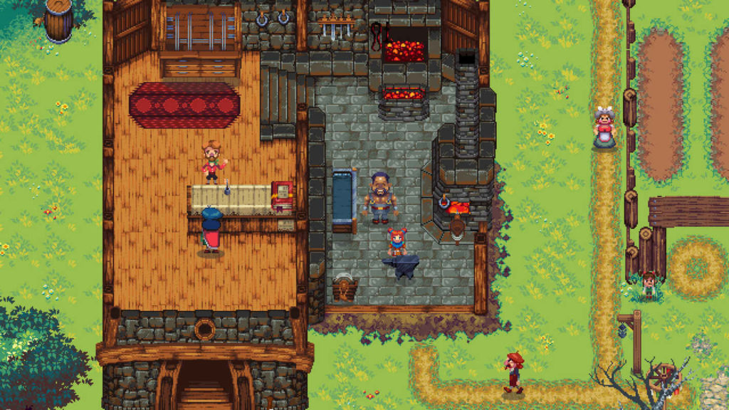 Build a profitable farm or run several stores, as seen in this screenshot: We see the inside of a forge with several characters inside. The interior of the house consists of two large rooms. On the left side, you can see a room with a wooden floor. In it, there is a long counter arranged horizontally with a white tablecloth in the middle of the room. In front of the counter stands a character with a red cape and blue long hair. Above it, a character in red clothing and orange hair is shown. Behind him is an eight-cornered long red carpet and behind that is a large wooden cabinet with many drawers. To the right, a staircase leads down to the right room, where the forge is located. Above and to the right of the room we see fiery furnaces and in the middle a muscular character with black short hair and a bare torso. Below that is again the female character with the orange braids, standing in front of an anvil. To the left and right of the forge is a light green meadow. A yellow path runs vertically through the image on the right, with two more characters walking along it. On the right edge of the image, a wooden fence with fields can be seen in the section. The release date of Kynseed is now known. The game from the Fable developers will be released in December 2022.
