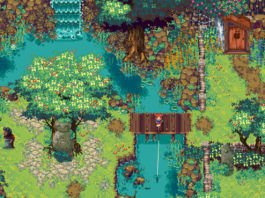 In this 2D pixel sandbox RPG from the Fable developers, you can also fish, as this screenshot shows: We catch sight of a female character with red braids in an isometric perspective in the middle of a blooming forest landscape. The character is standing on a horizontal wooden bridge and has thrown out his fishing rod toward the lower edge of the picture. To her left is a small forest island with a large apple tree in the middle. Turquoise water flows around this small isle. To the left, another horizontal bridge goes out to the left edge of the picture. At the top of the image, a large tree with dark green leaves is shown in the crop, as well as many brown rock-like shapes. To the right of the bridge, we look at a green meadow with blue flowers at the upper right edge of the picture, next to which is a small wooden hut. A brown path leaves this hut and runs vertically downward out of the image. Kynseed has a release date and will come out on December 6, 2022, as announced on Twitter.