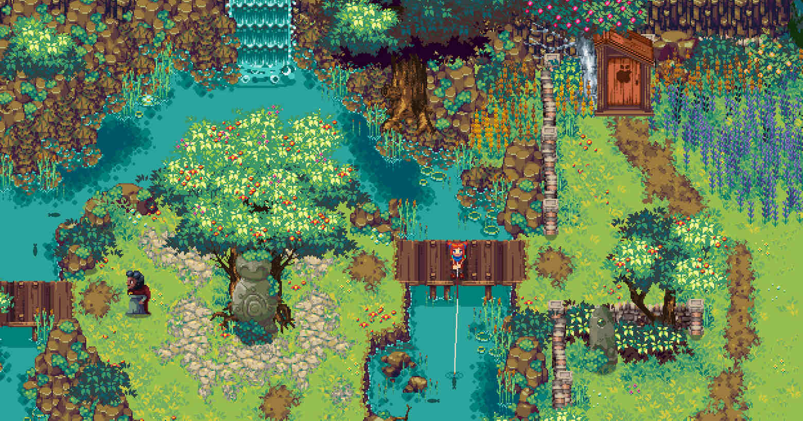 In this 2D pixel sandbox RPG from the Fable developers, you can also fish, as this screenshot shows: We catch sight of a female character with red braids in an isometric perspective in the middle of a blooming forest landscape. The character is standing on a horizontal wooden bridge and has thrown out his fishing rod toward the lower edge of the picture. To her left is a small forest island with a large apple tree in the middle. Turquoise water flows around this small isle. To the left, another horizontal bridge goes out to the left edge of the picture. At the top of the image, a large tree with dark green leaves is shown in the crop, as well as many brown rock-like shapes. To the right of the bridge, we look at a green meadow with blue flowers at the upper right edge of the picture, next to which is a small wooden hut. A brown path leaves this hut and runs vertically downward out of the image. Kynseed has a release date and will come out on December 6, 2022, as announced on Twitter.