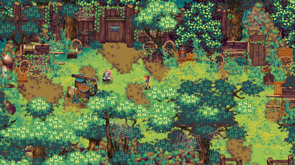 In this screenshot of the new Pixel Sandbox role-playing game, we see the player just interacting with an old man in a green landscape. We catch sight of the two characters in the center of the image. They are in a courtyard overgrown with numerous plants. At the top of the image, a wooden, green overgrown house facade is shown in the crop, which goes horizontally along the entire edge of the image. In front of it lie various objects, such as wooden wheels or barrels. Numerous trees are shown at the lower edge of the picture and also occasionally at the upper edge.