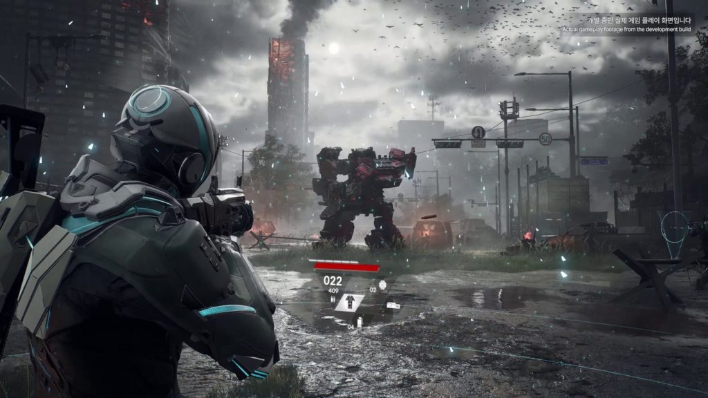 Experience a new sci-fi shooter from NCsoft soon. The LLL game is an MMO. Here we can see a screenshot of the game, which shows a gameplay scene where the player is seen in the third-person perspective at the bottom left of the screen and is about to open fire on a combat robot in the background. The character is on a street in the middle of an abandoned, ruined, post-apocalyptic rainy city. We see tank barricades, street signs, and destroyed skyscrapers in the background, from which flames are beating and smoke is coming out. Overall, the scenery is very gloomy, almost kept in black and white. Even the main character's battle suit is mostly black with some cyan accents. The street has many puddles that reflect the surrounding lights. 
