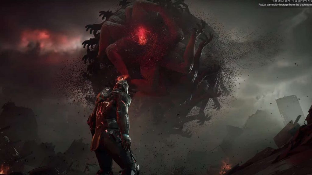 This screenshot shows the player standing in front of a giant creature that towers into the sky in NCsoft's new game. The creature consists of numerous, huge arms, swirls of numerous dark particles and red glowing light can be seen in its center. The scenery is foggy and very dark in black and white. In the background, dark clouds, some of which are also glowing red, are moving in.