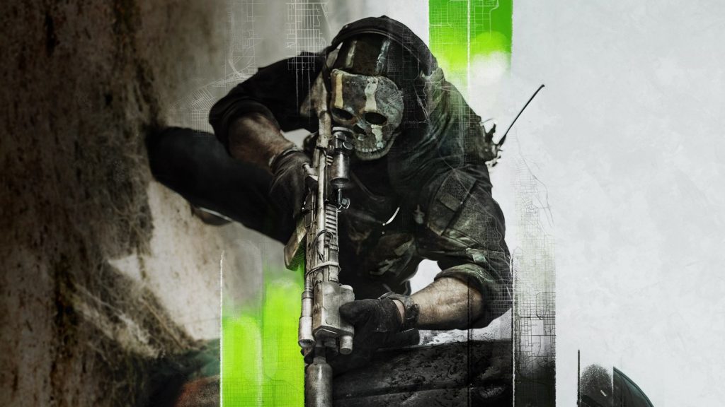 Here we see the cover of Call of Duty: MWII, which can be considered one of the best multiplayer PS5 games in 2022. In the center of the image, a crouching player is shown leaning to the right with his rifle, scanning the area for potential enemies via iron sights past a wall. However, the entire image is rotated 90 degrees so that the player is aiming straight down. He is wearing a combat suit, a skull mask, and headphones. On his back, we see the antenna of a walkie-talkie. Through the rotation, we can see the brown ground in vertical alignment on the left and the white sky on the right. Light green stripes with a transparent gradient run vertically through the image next to the player.