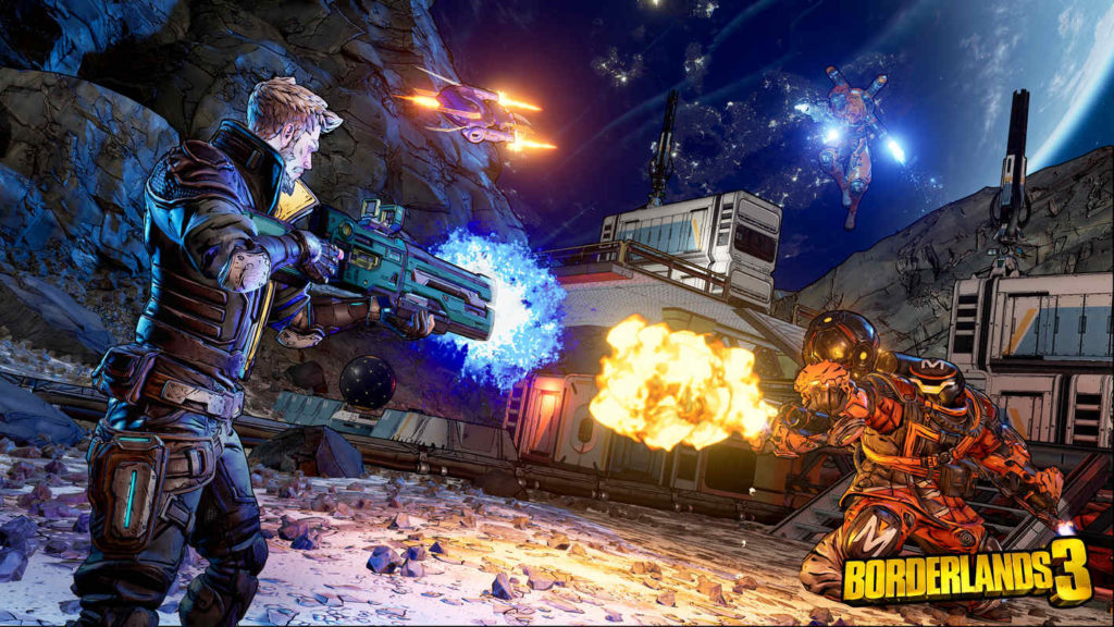 Play Borderlands 3 with friends on PlayStation 5 and experience one of the funniest titles, as the screenshot shows. In cell-shading graphics, we see the player on the front left in the American view in profile on an alien planet, about to shoot a red horrible creature with a futuristic gun. Blue muzzle flash comes out of his gun as he does so. The red creature returns fire with a fire burst. In the background of the image we see two buildings of a space station standing between large rocks. Above the buildings, a pink spaceship flies with orange light on the left and a robot with blue light on the right. In the far distance, a blue planet can be seen in the crop. 