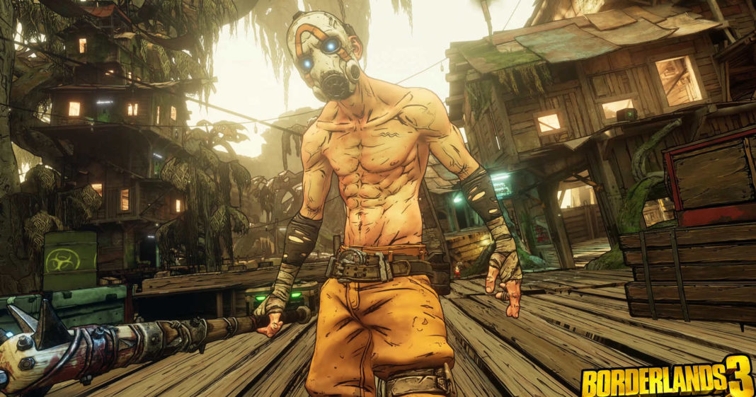 With Borderlands 3, you play one of the best split-screen PS5 games. In a slanted perspective, an enemy with a bare torso, a white mask and a straggly baseball bat in his hand stands in the center of the image foreground and looks at us as the viewer. In the background we see various wooden buildings with warm light burning in them.