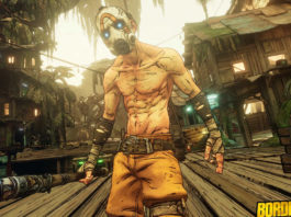 With Borderlands 3, you play one of the best split-screen PS5 games. In a slanted perspective, an enemy with a bare torso, a white mask and a straggly baseball bat in his hand stands in the center of the image foreground and looks at us as the viewer. In the background we see various wooden buildings with warm light burning in them.