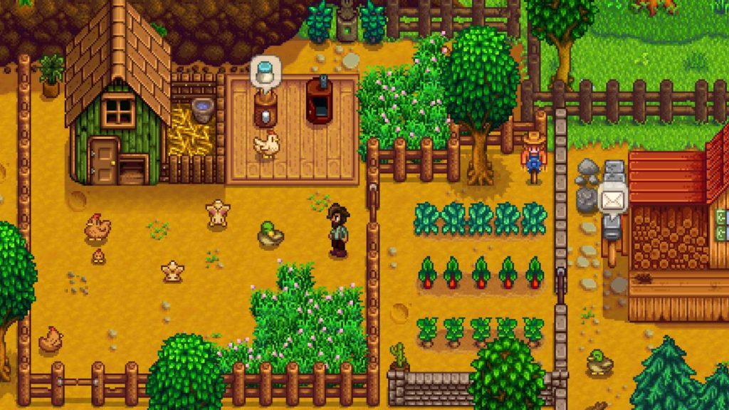Build your dream farm in Stardew Valley, one of the most popular PS5 split-screen games, featuring a 2D pixel graphic. In the top down view, the player is shown in the center of the image, standing on his farm next to numerous plants, vegetables and a duck by daylight. On the top left is a house with a green facade and brown roof tiles, and on the right of the image in the crop is another wooden house with red roof tiles. Scattered around the picture are fir trees and green leafy trees. The game can be played on the PlayStation 5 in pairs on one console.