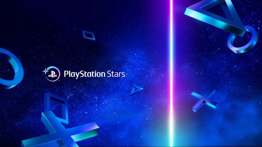 On the PS5, digital trophies can be earned using the PlayStation Stars system. Here we see a cover with the "PlayStation Stars" logo vertically centered on the left half of the image against a blue background that looks like a galaxy with distant stars. On the right side of the image, a bright laser beam runs vertically through the image. It glows in shades of blue and magenta. Around the laser beam and the logo, again, float several primitive shapes in the form of rhombuses, circles, and triangles. These are the same shapes used for the buttons on the controllers.