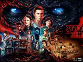 Here we see the cover of the fourth season of Stranger Things, which features all the characters including Vecna. On the right side of the picture, the title of the series "Stranger Things" is written in black capital letters with a red outline. Behind it is a large "4" in red color and serifs. On the left is an imposing composition with all the relevant characters, including important locations and elements from the series. The characters are shown larger or smaller according to their importance. Thus, we catch sight of Elfie in close-up at the top of this composition, which is shown largest here. In the background, the gloomy scarred face of Vecna is shown in close-up, scowling at us with its blue eyes. His face takes up the entire frame in the background here. A Stranger Things game will be released in VR in 2023.