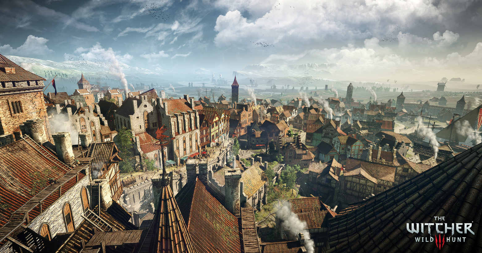 There will certainly be cities in The Witcher 4 as well. Here is a bird's eye view of a medieval town in a long shot from W3: Wild Hunt. We are looking from the rooftops during the day at many beautiful buildings of different sizes with different house facades, roofs, and balconies. In the center of the picture, there is a kind of stone bridge that runs from the front left to the background to the center of the picture. Next to it, a green park with trees and bushes is shown. Smoke is coming out of many chimneys. Behind the city, the landscape with mountains can be seen in the distance, and above we can see the bright sky with white clouds. A release date for the new Witcher game still seems to be a long way off.