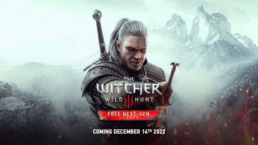 The cover of The Witcher 3 Remastered shows the sorcerer Gerald in chain armor and a large sword on his back in the center in a semi-close-up shot as he gloomily stares at us as the viewer. He has silver hair tied in a braid and orange glowing eyes. With his right hand, he is drawing a sword from its scabbard. In front of him, in the center and in the lower half of the image, is the logo of the third installment in typical white lettering: "The Witcher 3: Wild Hunt". Below that, in front of a red bar, is the text "Free Next-Gen Update" in white capital letters. Below that is the text "Coming December 14trh 2022 in white capital letters. In the background, a snowy mountain range can be seen along with snow-covered forests. An icy blizzard covers the image's background extensively with white snow. Now The Witcher Remake is also to be released.