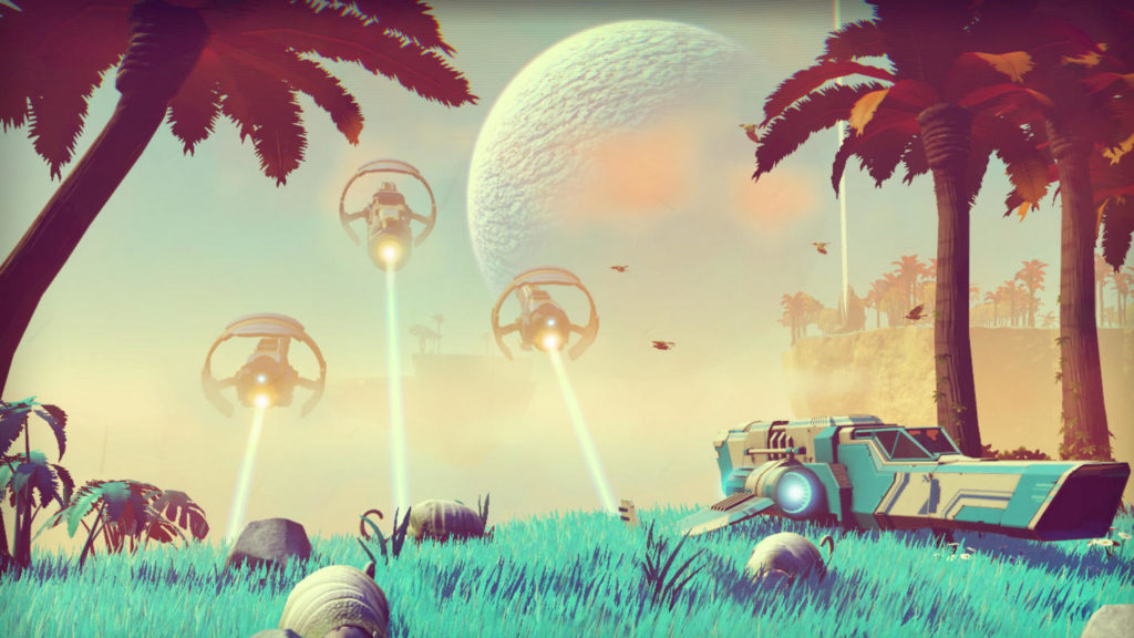 Here we see at the bottom right around the image a spaceship that has landed on a procedurally generated planet with turquoise grass growing on it. The spaceship is also made of turquoise and white paint. On the left and right edges of the image are orange-leafed palm trees. In the background, we see three launching spaceships, which are arranged in a triangle and drag a laser beam behind them. Even further in the background, other parts of the planet can be seen dimly in the nebula, as well as another planet far away.