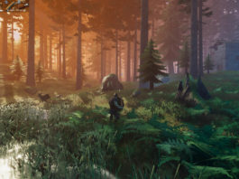 In Valheim, as a Viking, you'll erect impressive buildings and fight against mystical enemies. Roam through impressive forests, as seen here in this screenshot: The camera looks into a slightly hilly coniferous forest landscape with lots of green plants. From the left, the sun shines light into the slightly foggy forest, which is thus bathed in a color gradient from orange to blue. The game is one of the best sandbox games and can be played on the PC via Steam.