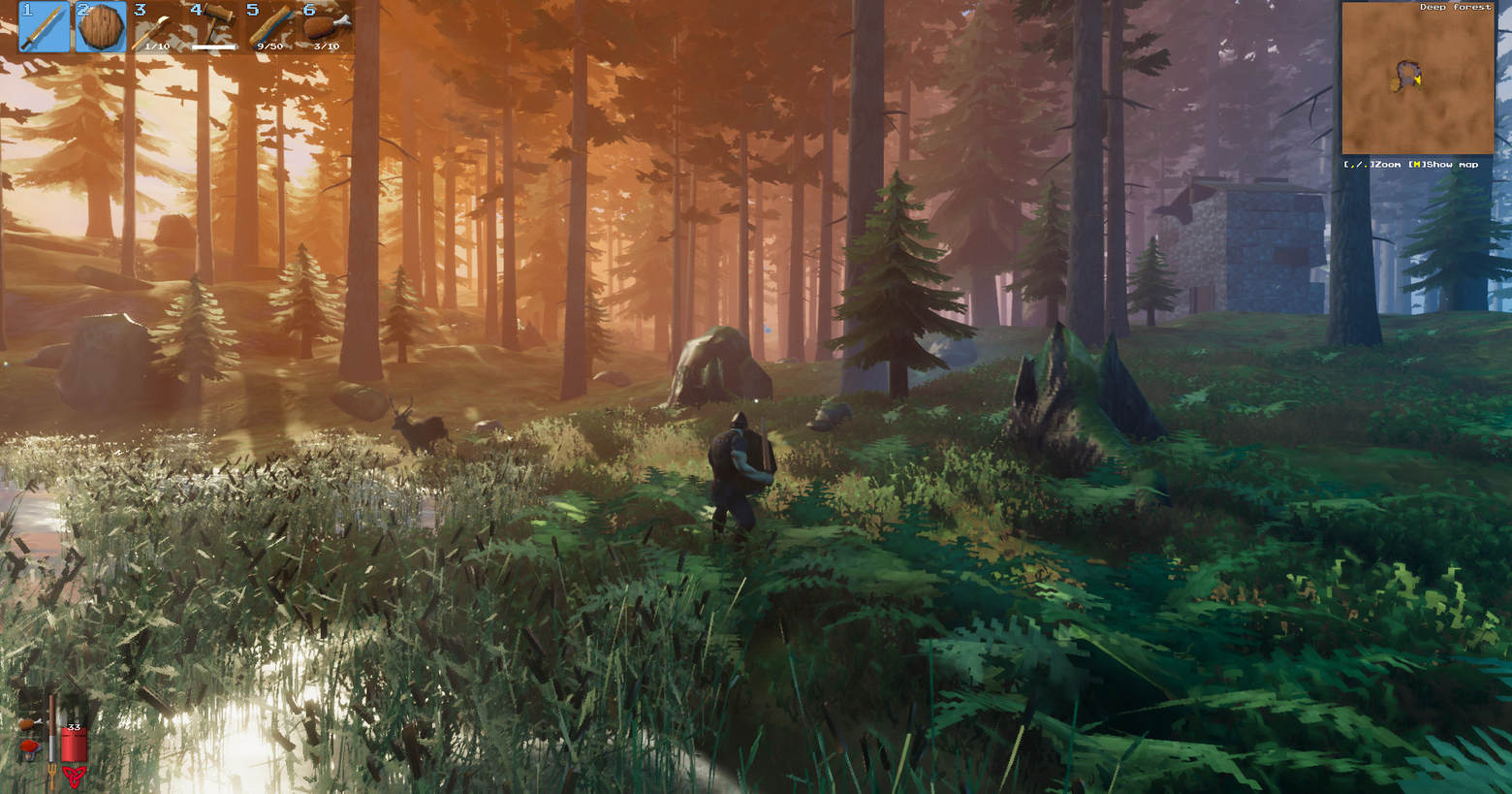 In Valheim, as a Viking, you'll erect impressive buildings and fight against mystical enemies. Roam through impressive forests, as seen here in this screenshot: The camera looks into a slightly hilly coniferous forest landscape with lots of green plants. From the left, the sun shines light into the slightly foggy forest, which is thus bathed in a color gradient from orange to blue. The game is one of the best sandbox games and can be played on the PC via Steam.