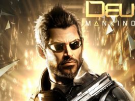 Here we can see a cover of the game Deus Ex: Mankind Divided, where you can see the main character. Eidos is apparently working on a new Deus Ex game. The protagonist is shown from the front in a close-up with short black hair and black sports glasses in a black combat suit. He wears a short beard cut into shape and holds a pistol upwards, which we can see in the crop at the bottom of the image. Behind him, a huge glass building is visible. A violent explosion is taking place in it so that numerous glass fragments fly through the air and illuminate the background of the picture with a strong yellow light so that a bright light outline is created around the head of the protagonist.
