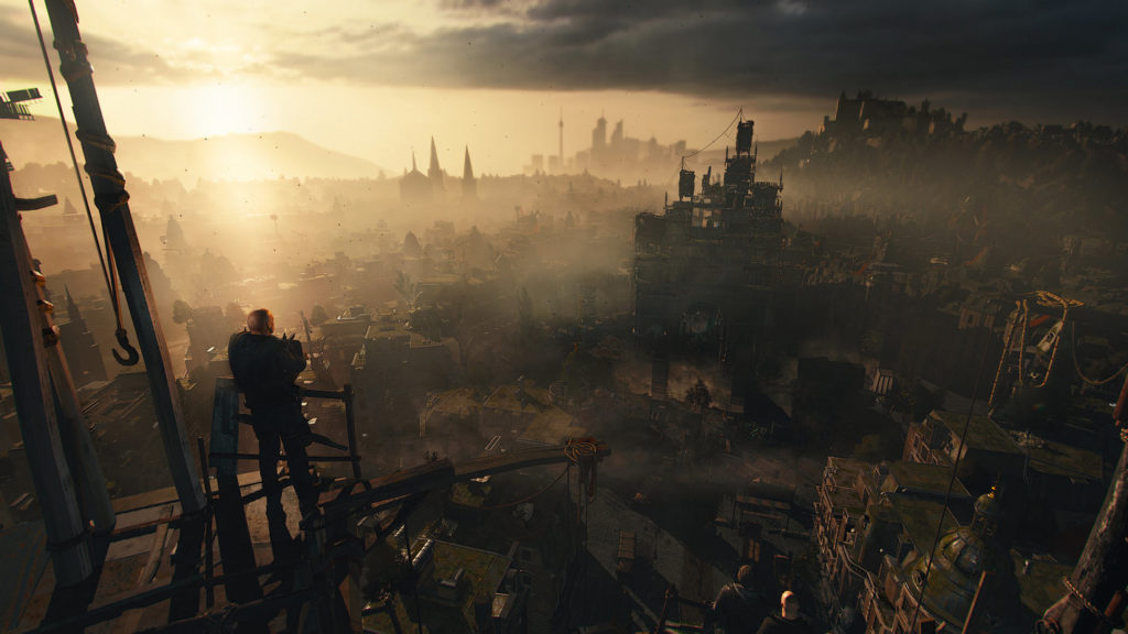 We see the main character on a very tall building in the lower left foreground of the image. He is looking down on a post-apocalyptic city that is shrouded in darkness and fog. The scene has a sepia tone created by the evening sun, which can be seen in the upper left background of the image. The whole Image is covered by the seen city, which is deserted and desolated. In the background, it becomes much higher due to a large mountain.