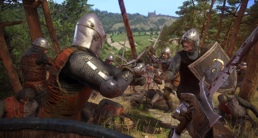 Experience epic knight fights in Kingdom Come: Deliverance, as seen in this screenshot: In first-person perspective, we as a knight hold a wooden shield in our left hand and an iron sword in our right. We are in the middle of a brutal knight battle in daylight in a clearing on a hill, surrounded by many tall trees with reddish-brown trunks and green leaves. Directly in front of us, two knights are dueling with swords, and in the background, we can also see several knights in hand-to-hand combat in the blur. In the far distance, we can see a valley with green and brown fields and behind it a wooded hill with a castle. 