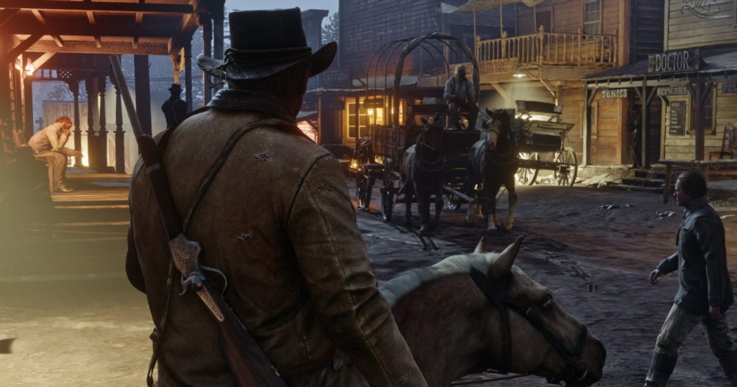 Ride your horse through the impressive towns of the Wild West in Red Dead Redemption 2, as seen in this screenshot: In Third Person View, the player is shown in the semi-close-up view from behind on a horse slightly to the left in the foreground of the image. He is currently riding through a western town at dusk. The ground is muddy and dark brown. On the left and in the background of the picture we can see wooden buildings with verandas and balconies. The path through the town leads from the front right to the back left of the picture. In the center of the picture, a carriage is just driving towards us and on the right, in front of us, a man is just crossing the street. The city is somewhat illuminated by scattered yellowish lamps. The title is one of the best open world games on PC.