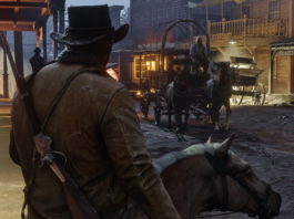 Ride your horse through the impressive towns of the Wild West in Red Dead Redemption 2, as seen in this screenshot: In Third Person View, the player is shown in the semi-close-up view from behind on a horse slightly to the left in the foreground of the image. He is currently riding through a western town at dusk. The ground is muddy and dark brown. On the left and in the background of the picture we can see wooden buildings with verandas and balconies. The path through the town leads from the front right to the back left of the picture. In the center of the picture, a carriage is just driving towards us and on the right, in front of us, a man is just crossing the street. The city is somewhat illuminated by scattered yellowish lamps. The title is one of the best open world games on PC.