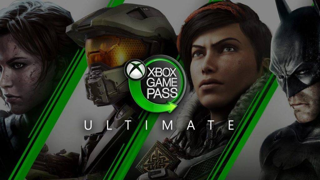 Play legendary games like Fortnite with the Xbox Game Pass Ultimate subscription and use the included Xbox Cloud Gaming. Here we see a cover from Xbox with the logo and title "Xbox Game Pass Ultimate". Behind it, slightly darkened, we see the faces of four well-known gaming heroes side by side. The heroes are each separated by green diagonal lines. It is the same green color as in the logo, which is shown in the center of the image.