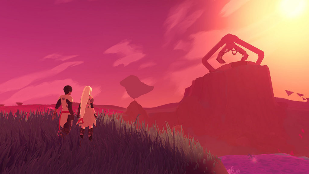 Explore an enchanted planet with your partner in one of the 2 player PS5 games, as shown in this screenshot: The playable lovers are shown from the back in the bottom left in a long shot. They are standing on a meadow with high grass and look to the right into the background towards the evening sun, which bathes the scene in a pleasant warm tone light. The couple is holding hands. The man on the left has white clothing and black short hair. The woman wears a light gray dress and has long white hair hanging down. In the lower right of the picture we see pink slime and in the background a mountain range is visible in a reddish mist.