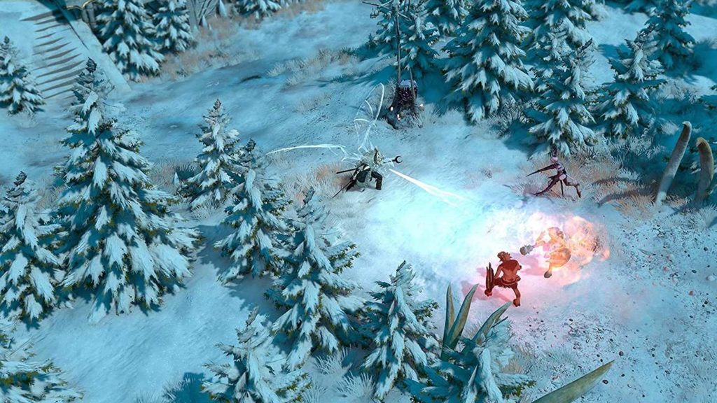 We have a bird's eye view of a playable hero of the game Warhammer: Chaosbane - Slayer Edition, one of the highly recommended 2 player PS5 games. The player is a white dragon-like creature standing on two legs and with long outstretched wings and is depicted in the center of the image in a gloomy snowy landscape. Around him are numerous snow-covered fir trees. A snowy stone staircase can be seen in the upper left corner. The playable character in the picture is currently spitting a huge flame of fire at one of the two opponents standing in front of him, who are armed with shields and mace. They are standing on the right in the lower half of the picture. Slightly above them, another enemy, whose two arms represent long pointed spikes, is running towards the protagonist.