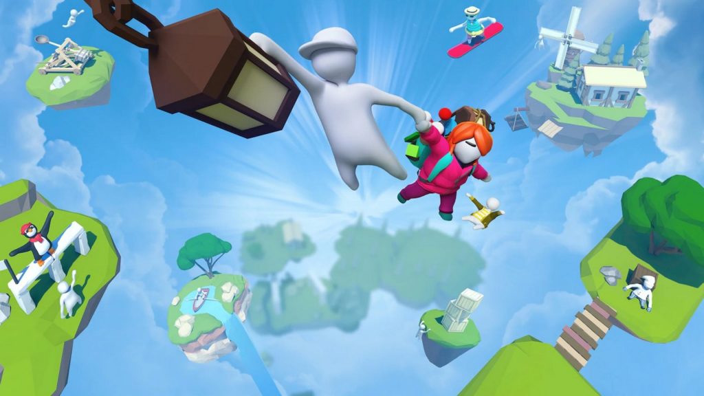 We are looking at a very colorful and bright game character from Human: Fall Flat. From a bird's eye view, we look down on a white kneaded game character with a baseball cap. He is shown in the center of the top half of the image in long shot, holding onto a brown lantern with her right hand. With her other hand, she holds on to another character who has orange hair, wears purple pants and a red jacket, and has a colorful hiking backpack on her back. Below them are several stone islands of varying distances with green surfaces floating in the air. The islands feature other players in different funny outfits, such as a pinkguin costume, and we see other level content, such as a catapult in the upper left corner or a house and mill with trees behind it in the upper right.