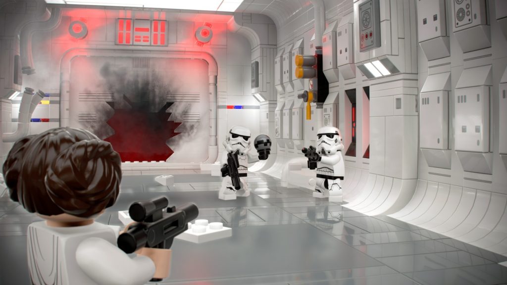 In this screenshot we are playing Princess Leia Organa in third person, who can be seen from behind in the close-up at the bottom left. We are currently on an enemy battleship in a hallway with a gray, highly reflective floor and very futuristic-looking white walls that have numerous rectangular gray buttons. In the hallway and in the center of the image are two enemy imperialist units in typical white uniforms and white gas mask helmets. They are facing us and aiming their black laser guns at us. The corridor leads to the left into the background to a large destroyed door with black smoke coming through its opening. Above the door, two parallel red alarms are shown.