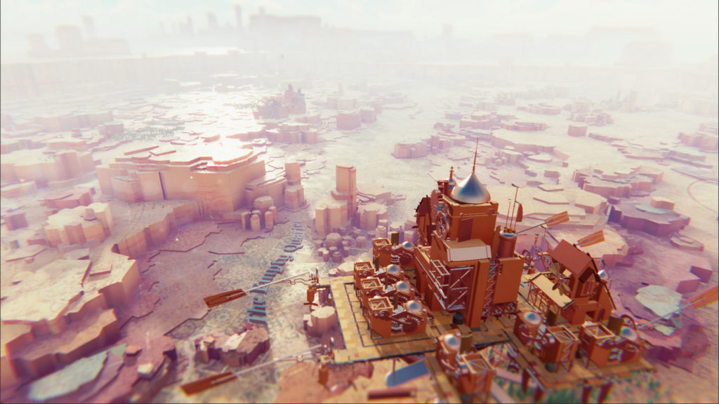 From an isometric perspective, a vast desert landscape is depicted during the day, which consists of numerous plateaus of different heights. The scene is bathed in a red-brown tone. At the bottom right of the image, we can see a floating settlement. It has a similar reddish tint and consists of different buildings. In the center, a kind of cathedral or town hall can be seen as the tallest building. Around it, there are several similar buildings with a round glass dome, reminiscent of generators. On the right is a house with pointed roofs, reminiscent of a farmhouse. The settlement stands on a brown platform, which is moved forward at the sides by large paddles. In city building games like Airborne Kingdom you also explore the vast desert landscape to find valuable resources.