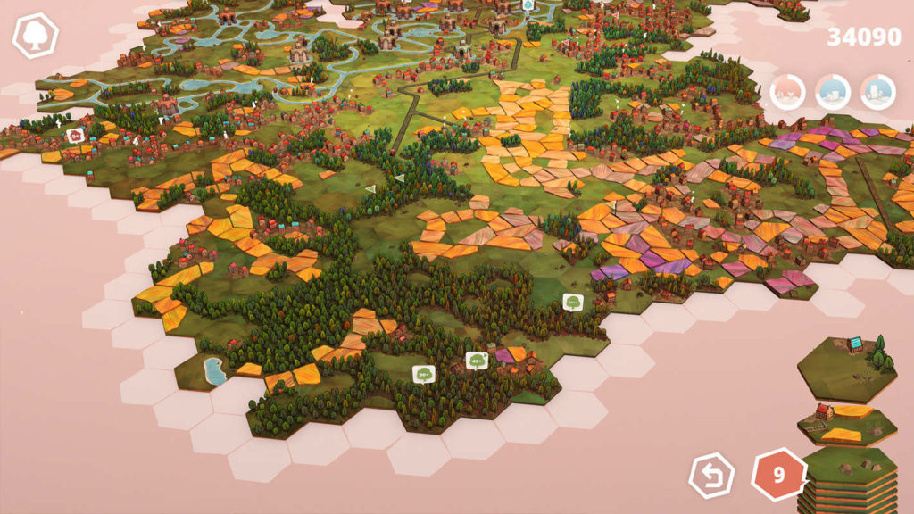 Here we see a screenshot from the game Dorfromantik, one of the most relaxing city building games in 2022. We are looking from above at a game world, which is composed of numerous hexagonal tiles. Each tile has certain elements and it is necessary to assemble the tiles according to certain criteria in order to collect points. At the same time, wonderful forests, fields, and cities are created in this way, as seen here on this playing field. There is an evening atmosphere. Numerous small houses with red roofs join together to form settlements, which cover the playing field. Likewise, many orange and magenta polygonal fields, rivers and lakes, and dark green forests form. At the bottom right of the image is shown a stack of other possible hexagonal tiles.