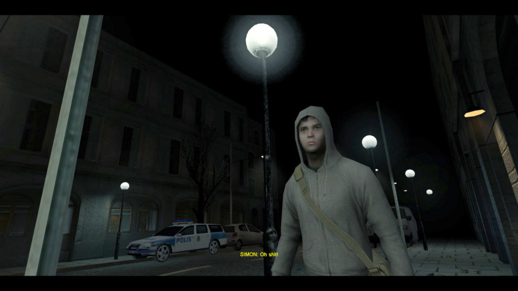 We see the protagonist Simon on this sceenshot, from Cry of Fear. He can be seen in the semi-close-up on the right side of the picture on a sidewalk. Only a few streetlights illuminate the scene, which otherwise looks quite dark. In the background, the street can be seen in the crop, which leads into the background to the right. At the roadside, we see a yellow car and a police car. Simon wears a light gray hoody and looks with serious mine in the foreground past us. At the bottom of the image, the following subtitle is written in yellow letters: "SIMON: Oh, Shit!". Relive Simon's nightmares and play one of the most spooky co-op horror games. It is one of the scary games to better play with friends.