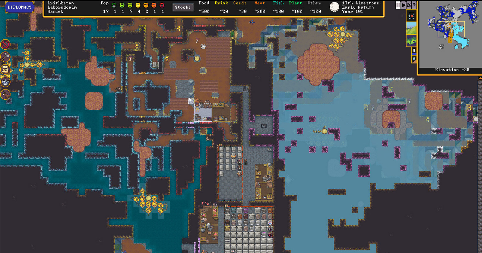 The screenshot shows an underground dwarf fortress in a top-down view. The entire frame is covered by an extremely complex mining system, which consists of numerous rectangular corridors and rooms. At the bottom, two large rooms are shown with numerous different colored barrels and silver chests next to each other. Above them, a lounge with wooden tables and chairs can be seen. On the left, opposite, there is another room with stored chests. On the left half of the picture, most of the corridors are filled with turquoise paint, suggesting water penetration. On the right side of the picture, we look at a much denser and more connected complex of rooms, which also seem to be filled with water. In some places in the corridors, gold accumulations in the form of yellow balls can be glimpsed. As of today, the Steam Edition for the game is available, which brings graphical and gameplay improvements. A Dwarf Fortress guide provides a good introduction with valuable tips for a beginner.