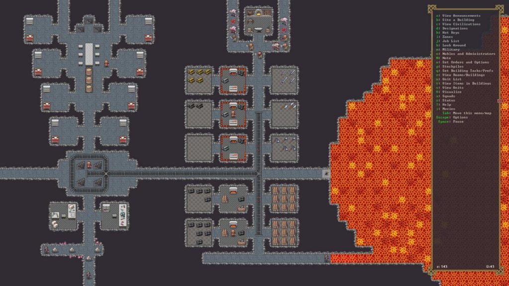 With the help of a Dwarf Fortress guide, you can reach deeper layers of the earth faster and you also get access to lava lakes, as shown in this screenshot: The right half of the picture shows a large red-orange lava lake, to which two parallel horizontal shafts lead, but they seem to prevent the lava from entering using barricades. The two shafts lead in the middle of the picture to numerous square rooms, each of which is equipped with different supplies, such as gold bars, weapons, or coal. The rooms are symmetrical and laid out in the same manner. A circular walkway is shown above, with a forge with an anvil visible in the center. A path leads to the left to several bedrooms arranged in parallel, each with a red bed and a white wardrobe. Here, a corridor to the left and one downward lead out of the picture.