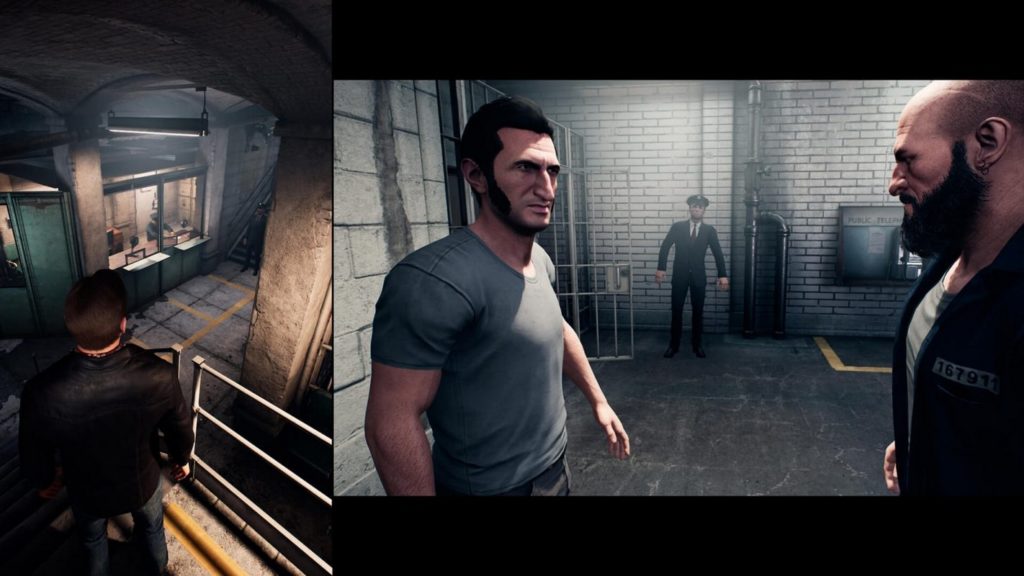 In this screenshot, we are in a prison. The image is divided horizontally into two parts, whereby the left part only makes up one-third of the image. In the left part of the image, a player in the third-person can be seen in the bottom left of the image in a long shot. We look down from above at this player in a black leather jacket and brown hair. He stands on a metal scaffolding and looks down at a stone corridor. There we see a guard in a blue uniform sitting behind a large glass panel at a desk in a control room. The scene is dimly lit by neon lights on the ceiling. On the right part of the image, we catch a glimpse of the other playable character in a semi-close-up in half-profile on the left. He has short black hair, prominent sideburns, a beard and wears a blue t-shirt. On the right in the cutaway is another inmate in a black jacket, full beard, and bald head. The two are in conversation and are standing in a hallway. In the background, we see a prison guard in a dark uniform and cap, who is apparently speaking to the two prisoners. To the left of him, we see an open iron door. A Way Out is one of the games like It Takes Two, simply because it comes from the same developer.