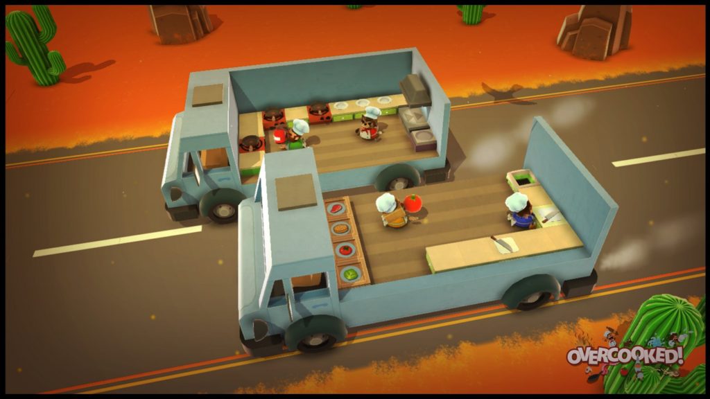 Cook a variety of different meals together in a race against time in Overcooked! In this screenshot, we see in the isometric perspective two trucks on a brown road in an orange desert during the day driving in parallel in the center of the image in a long shot. The roofs of the cars are removed so that we can look inside them and see two kitchens with brown wooden floors and light brown kitchenettes. In both cars there are two players with chef's hats, who are preparing various meals by carrying around vegetables, cutting and cooking them. Cook as fast as you can in one of the most chaotic games like It Takes Two.