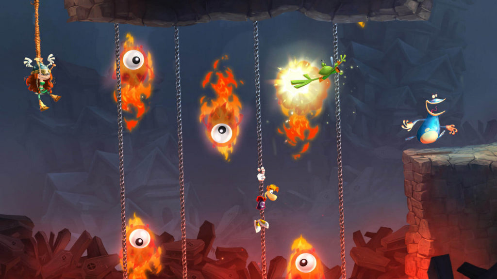Solve exciting puzzles and experience thrilling boss fights in Rayman Legends, one of the games like It Takes Two. Again, you can run through the world with friends, as shown here in this screenshot: A dark lava world can be seen here, which leads deep into the abyss. Four metal chains hang vertically at equal distances from a dark stone ceiling, which is shown in the crop at the top of the image. Between the chains, giant lava balls bounce up and down, all looking the same with a large staring eye. The main character Raymann wears reddish clothing and has a large yellow snout and orange hair. His trademark is mainly that his arms and legs are not visually connected to his torso, but this makes him all the more nimble in kicking and punching. At the bottom center of the picture, he is hanging on a chain and waiting for the right jump to the next one. On the left side above, a female game character with long orange hair and green clothing is jumping to the first chain. To the right of Rayman, a green frog-like player is about to be hit by lava. On the right side of the screen, we catch sight of a blue frog-like creature that made it to the safe platform unharmed.