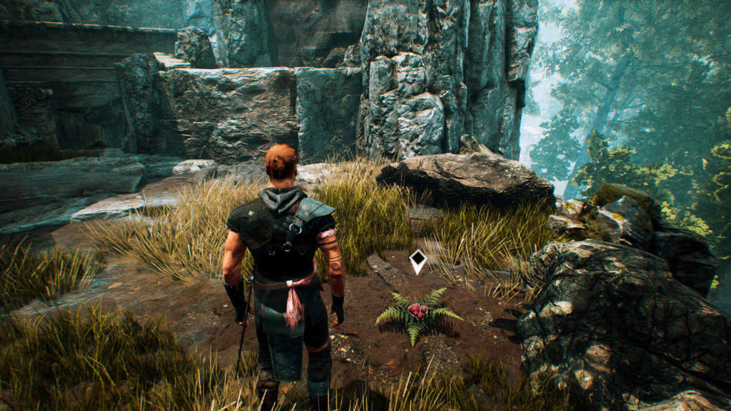 In the new remake, run through the familiar characters with impressive new graphics and experience pure nostalgia. In this screenshot from the playable teaser, we can see the main character in the third person in the long shot at the bottom center of the screen. He is walking through a grassy landscape during the day in a mountainous area. In front of him is a fern-like herb with red flowers, which is indicated to him by a white and black arrow. To his right is the abyss, with giant treetops rising from it, which can be seen at the top right of the image. In the background, steep rocks rise out of the top of the picture. The scene gets a distinct cyan tone the further it goes into the background.