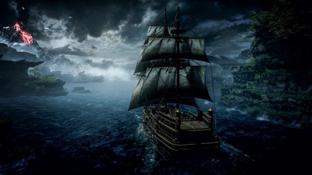 In this screenshot, a huge wooden sailing ship with large white sails is shown in a long shot from behind in the center of the image in the foreground. The ship is in search of a suitable island. We look from behind in an elevated position from an angle on the left at the ship as it moves in stormy seas through dark blue water towards the horizon. The sky is covered by many gloomy dark clouds, so the scene looks very dark and dramatic. Only at the horizon, the clouds open up a bit so that the blue sky and sunlight shine through. To the right and left of the image are several steep cliffs overgrown with grass and at the top left in the distance we can see a dark erupting volcano with lava coming out.