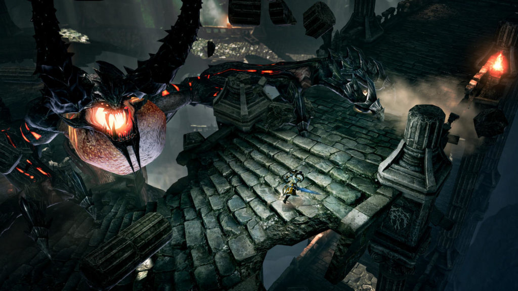 In this MMO, you go through numerous gloomy dungeons, as seen in this screenshot: The player in golden armor and blue sword is shown in long shot from a bird's eye view in profile centered in the lower half of the image, running out a stone staircase. At the top left of the image, we catch sight of a devil-like giant creature with black and red skin and two huge horns on its head. Its mouth is wide open and we glimpse glowing lava in its maw. This dungeon, which can be mastered well with a Lost Ark guide, is very dark and lit only by single red glowing torches in the picture. There are also dungeons like this on the numerous islands in the game.