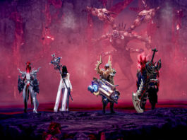 On this game cover, we see four different playable characters in total view from behind, standing side by side on a rocky plateau in the foreground in the center of the image in a dark dungeon. They have different colored armor and weapons. The two players on the left are female characters, the one on the left has white armor and the one on the right has a white dress on. The female on the right has a large blue scepter on her back. The right characters are male, of which the one on the left has a huge futuristic weapon on his back and golden armor, and the one on the right has blue reddish armor, red hair and a huge jagged sword on his back. The players face a giant, red scorpion-like devilish creature crawling up between a crevice and moving toward the players. Directly in front of the players is a pool of lava and there is also a lot of lava flowing down from the walls. It is recommended that you read a Lost Ark guide beforehand to get into the game.