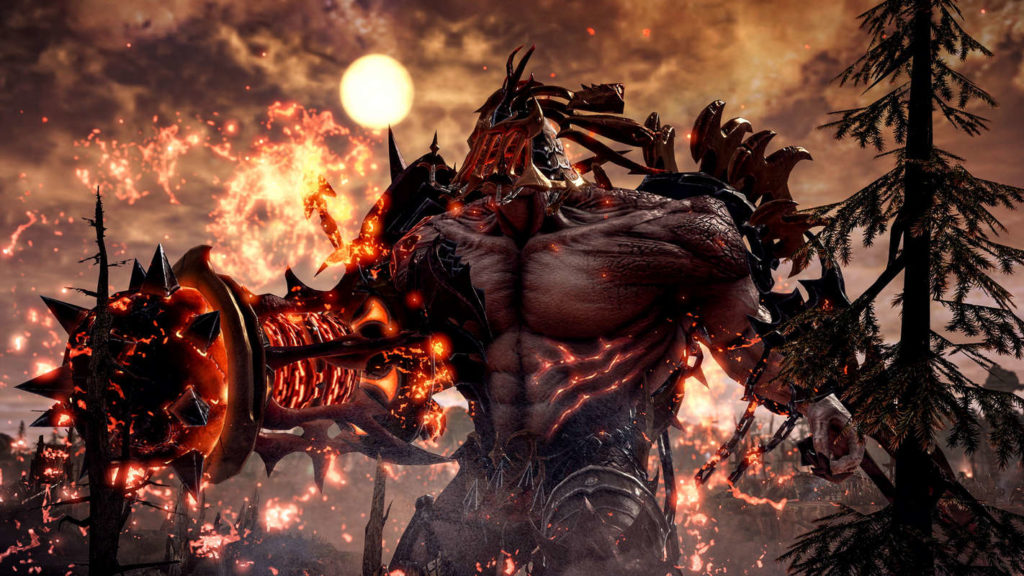 We catch sight of a massive, muscular, very dark-skinned demonic creature in the semi-close-up on this cover of the game, which takes up almost the entire frame. While his left arm looks normal, his right arm consists of a huge fire-like cannon. His body is riddled with lava veins and on his head, he wears a fiery pointed helmet. Two jagged large wings stand out on his back. He is standing in the middle of a burning, destroyed treescape and we can see burned tree trunks in the background. At the right edge of the image in the foreground, only a dark fir tree with branches is visible in the crop. The sky is dark orange and the scene seems to be set at night.