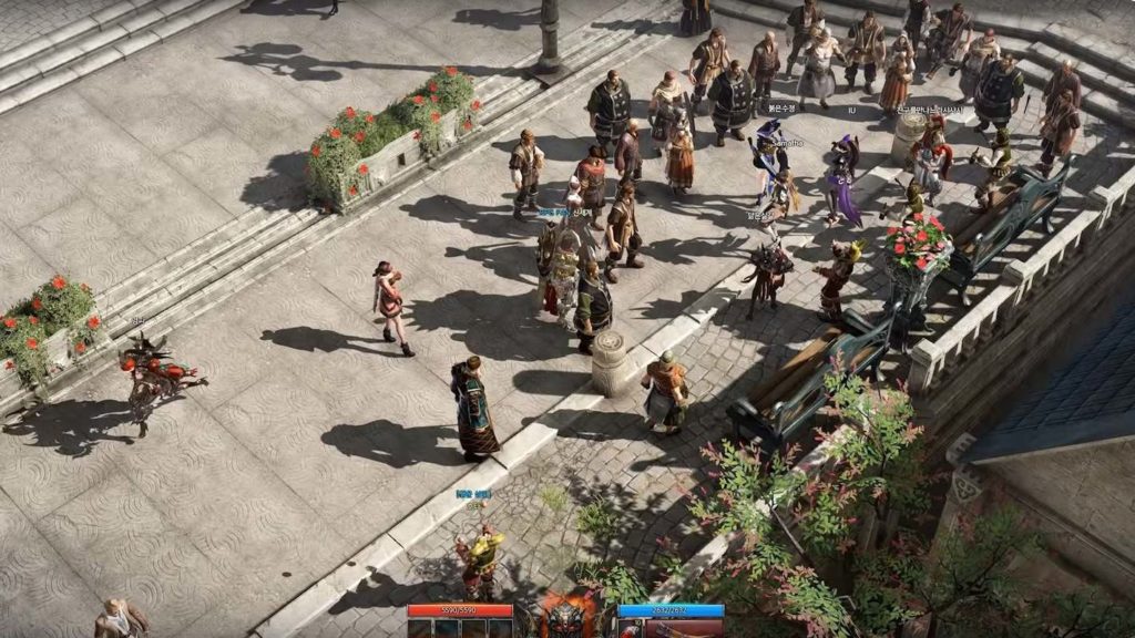 We are looking at a stone terrace from a distance during the day in a bird's eye view that runs diagonally from the bottom left to the top right of the image. At the top right of the image, numerous different-looking NPCs stand in a circle around several playable, different-looking characters. Large pedestals can be seen on the terrace, with green shrubs with red flowers growing on them. In the foreground, a large tree juts into view in the lower right, and further to the right, the blue roof of a large building is shown in a cutaway. Interact with NPCs in places like this to get Rapport points. You can learn more about this and about building a Stronghold or exploring an Island in a Lost Ark guide.