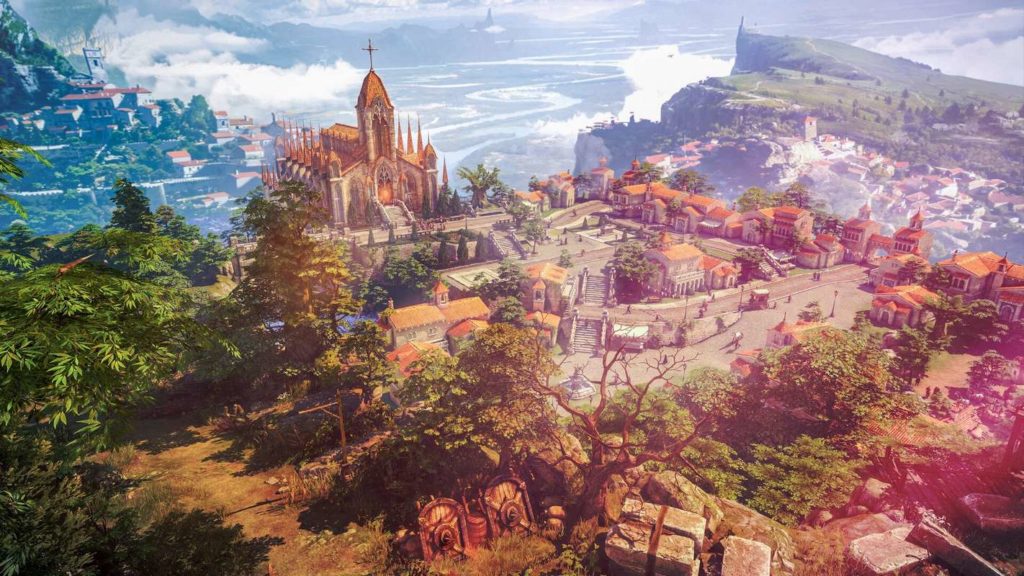 In this screenshot, we are looking at a thriving medieval town consisting of numerous stone houses with orange roofs from some distance away from a mountain range during the day. In the lower half of the image, more rocky outcrops can be seen along with many green trees and bushes in the foreground. The city is in the center of the image, which extends to the right side of the image. On the left side of the picture and further back in the city is a huge stone cathedral with an orange roof. A large part of the city consists of a stone square with several terraces, which can be reached via a large stone staircase seen in the center of the picture. Several people are walking across the square. In the background in the distance, other such cities and landscapes can be seen out of focus to the upper left and right of the image. How to build your stronghold in such a landscape and pursue effective leveling, you will learn with a Lost Ark guide.