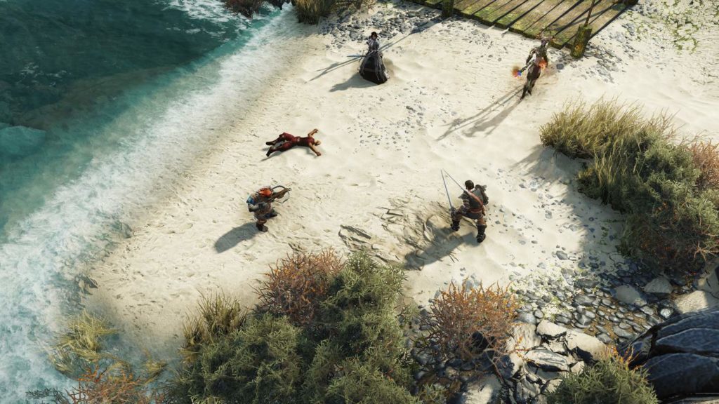 In an isometric perspective, we look from above at four different playable characters in the game Divinity: Original Sin II. They stand in a square formation on a bright sandy beach, which takes up most of the frame looking at each other The left edge of the frame shows turquoise seawater and foaming spray. To the right and bottom of the image are olive green and reddish shrubs. At the top of the image, a pier overgrown with seaweed can be seen in the crop, leading to the sea on the left. The lower two characters are male and armed with swords and bows, and the upper two are female and equipped with swords and burning sticks.