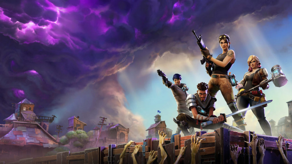 On this cover of Fortnite, we see four different playable characters in the long shot in a slight bottom view on the right side of the picture. They are standing on a wooden barricade, which is depicted with numerous boards at the bottom of the image. Below them, numerous zombie-like arms and hands rise up and try to reach the players. The players are arranged slightly staggered one behind the other. The foremost character is male, has a black undercut hairstyle, and metallic shoulder pads, and is kneeling holding a katana with both hands. Behind him stands a woman with brown tight-fitting pants, a black top, and black tied hair, who holds an assault rifle in her hands. Right behind her stands a blonde woman in a black jumpsuit, ammunition belt, and a huge hammer in her hands. To the left behind her, a character with purple hair and gray clothing points a futuristic pistol at a target lying in front of him. The man in the foreground and the two women look at us as viewers. At the top of the sky and to the left of the image, a purple thunderstorm with dark clouds is moving in, obscuring the blue sky that can be seen in the distance. In PS5 split-screen games like title, you are able to play with up to 99 players simultaneously.