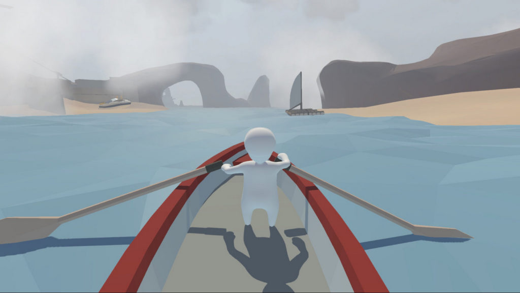 In this graphically minimalistic physics platformer, you have to solve numerous riddles based on the laws of physics and interact with your environment, which at the same time makes the game one of the funniest PS5 split screen games and is illustrated by this screenshot: The player is seen in third-person view in long shot centered in the frame. He is standing on a red-white boat and has two paddles in his hands, which he uses to move the boat forward. The water looks light blue and is a bit wavy, which was implemented by polygon-like bumps in this game. In the background, we can see beige sandy beaches and brown rocks on the right and left sides. On the water directly on the right beach is a raft made of tree trunks with a white sail. On the left beach, there is a blue-white jet ski. Gray fog is in the air causing a rather murky scene and more brown rocks can be seen in the distance.